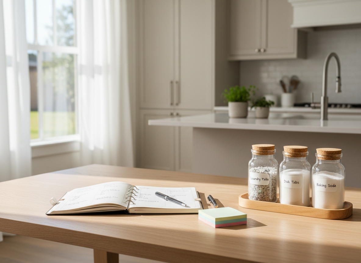 A bright, well-organized kitchen table styled as a homemaking workspace, featuring an open linen-textured planner with neatly written weekly cleaning tasks, a stack of pastel sticky notes, and a smooth wooden tray holding glass jars of labeled supplies. The table sits near a large window framed by soft white curtains. Morning sunlight spills across the light oak surface, creating gentle shadows and a calm, inviting atmosphere. In the softly blurred background, neutral-toned cabinetry and a tidy countertop suggest an orderly home. Photographic realism, eye-level angle, with a shallow depth of field keeping the planner and jars in sharp focus, conveying a professional yet warm, approachable homemaking aesthetic.