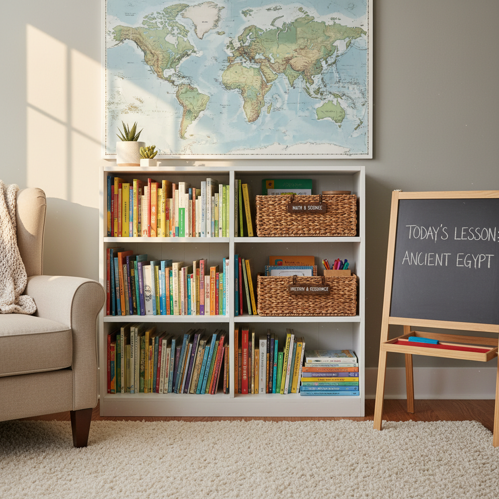 A cozy, sunlit living room corner styled for homeschooling, with a low white bookcase neatly filled with colorful children’s books, handled wicker baskets labeled with subjects, and a small chalkboard on an easel displaying today’s lesson title in clean handwriting. A large world map hangs above the bookcase against a soft greige wall. Late afternoon natural light filters in from an unseen window, casting warm highlights on the textured baskets and matte book covers. The scene is photographed at a slightly elevated angle with realistic detail, creating a calm, intentional atmosphere that feels organized, educational, and reassuringly professional.